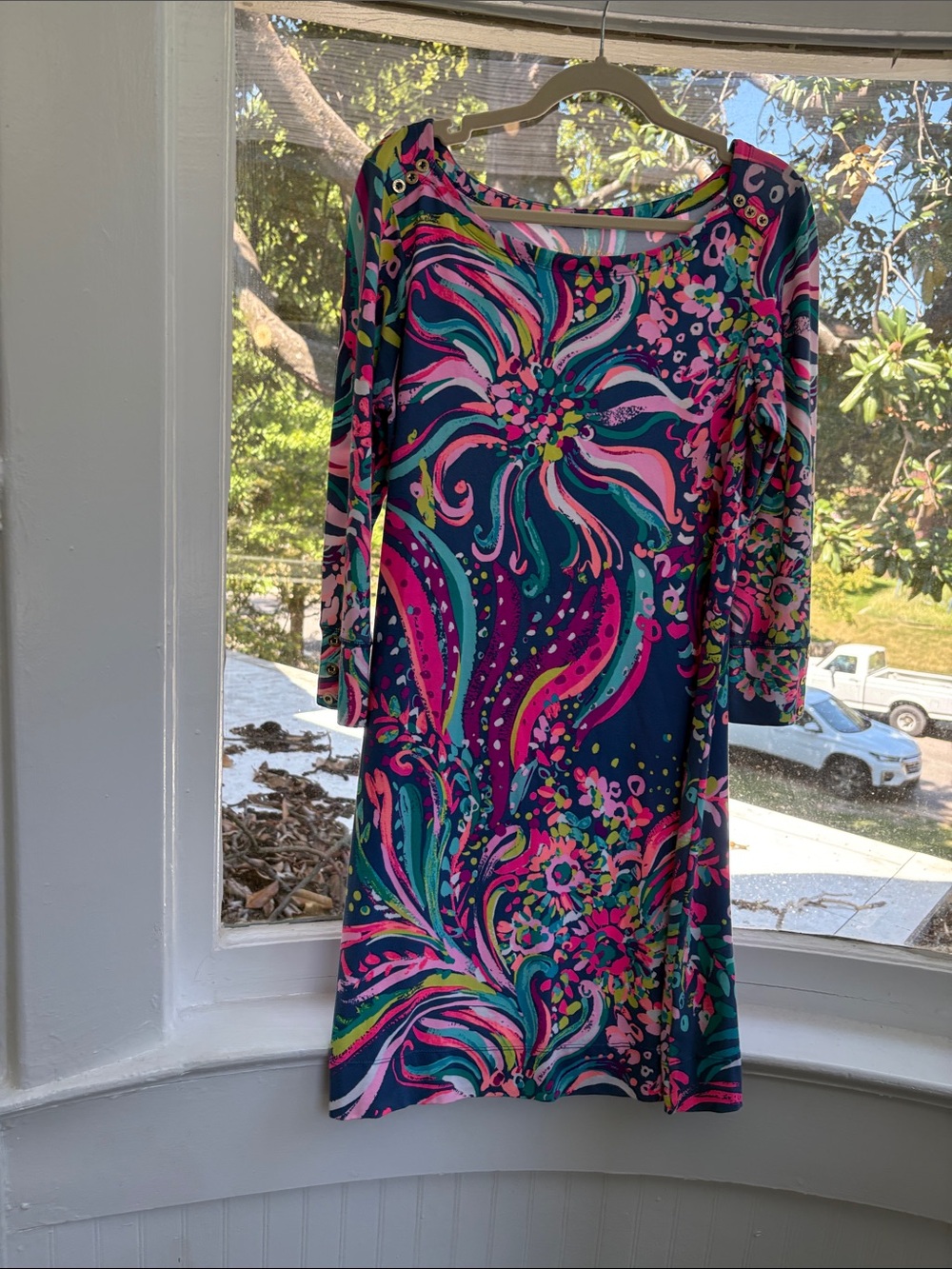 Lilly Pulitzer Navy Floral-Print Scoop Neck Dress-Size Medium